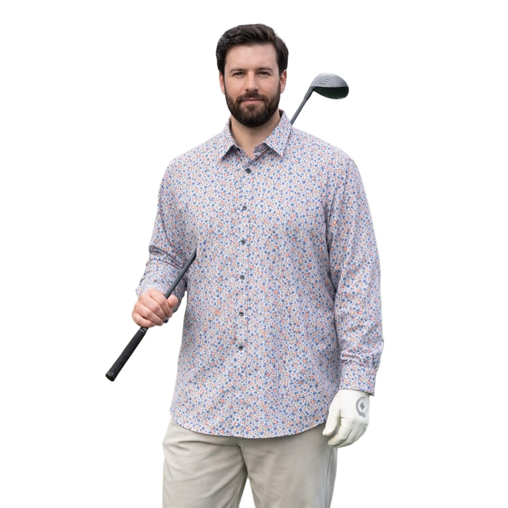 Con.Struct Slim 4 Way Stretch Fit Men's Blue Floral Button-Down Shirt Size XXL